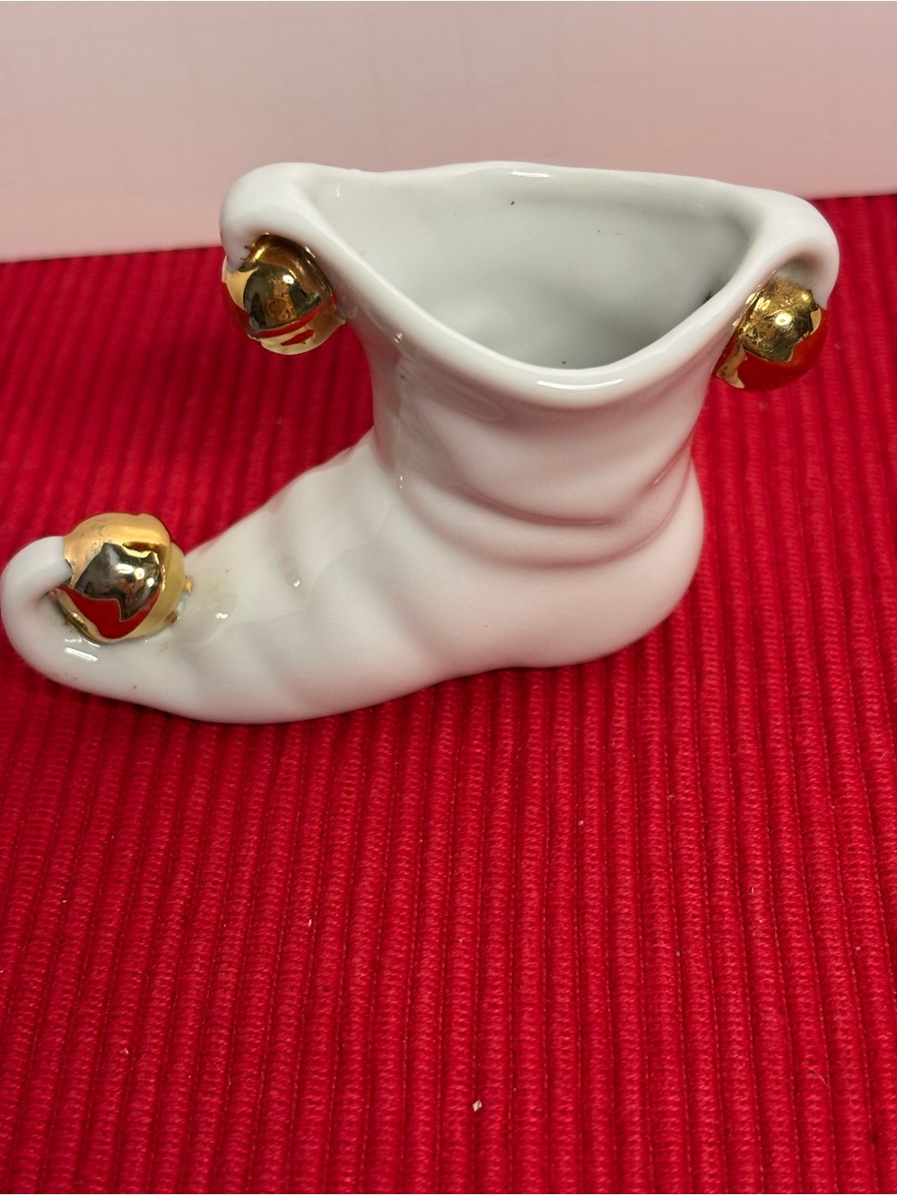 White Ceramic Jester Shoe with Shiny Gold-Colored Balls/Bells